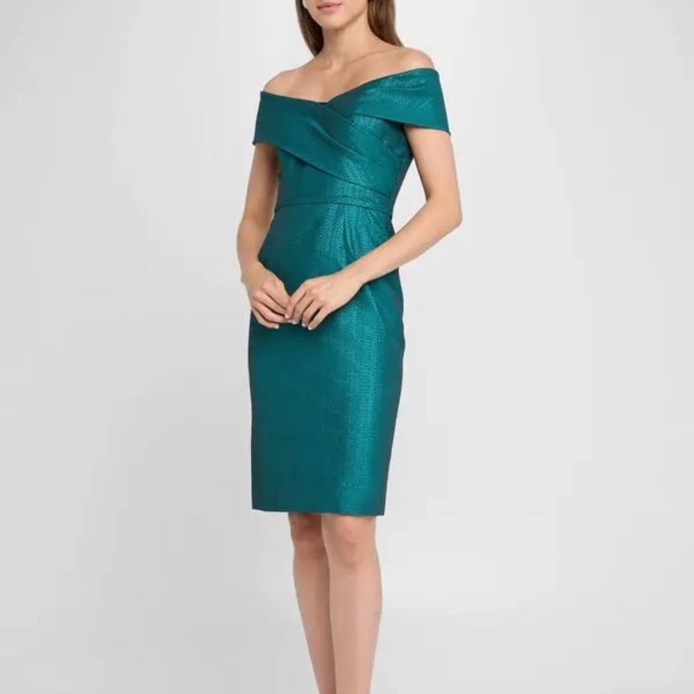 Rickie Freeman Teri Jon Emerald Off Shoulder Metallic Jacquard Bow Mini Dress